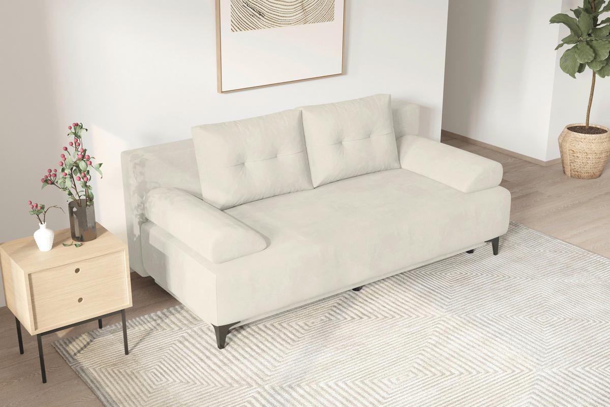 SCHLAFSOFA  mit Liegefunktion, Rücken echt Plüsch Creme  - Creme/Schwarz, KONVENTIONELL, Textil/Metall (200/98/90cm) - Carryhome