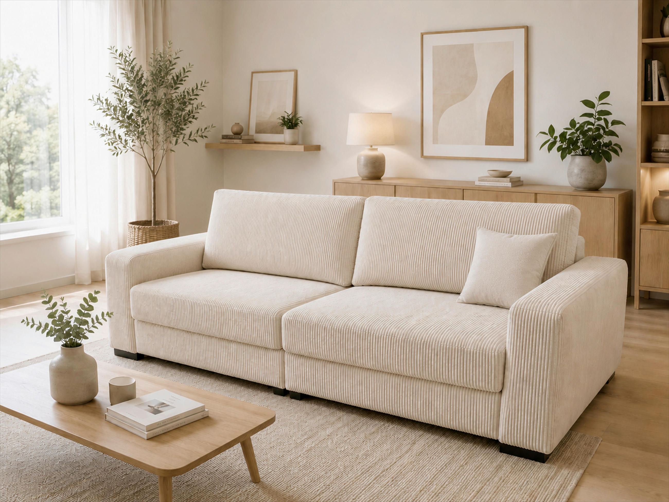 3-SITZER-SOFA Cord Beige  - Beige/Schwarz, Basics, Holz/Textil (250/90/110cm) - MID.YOU