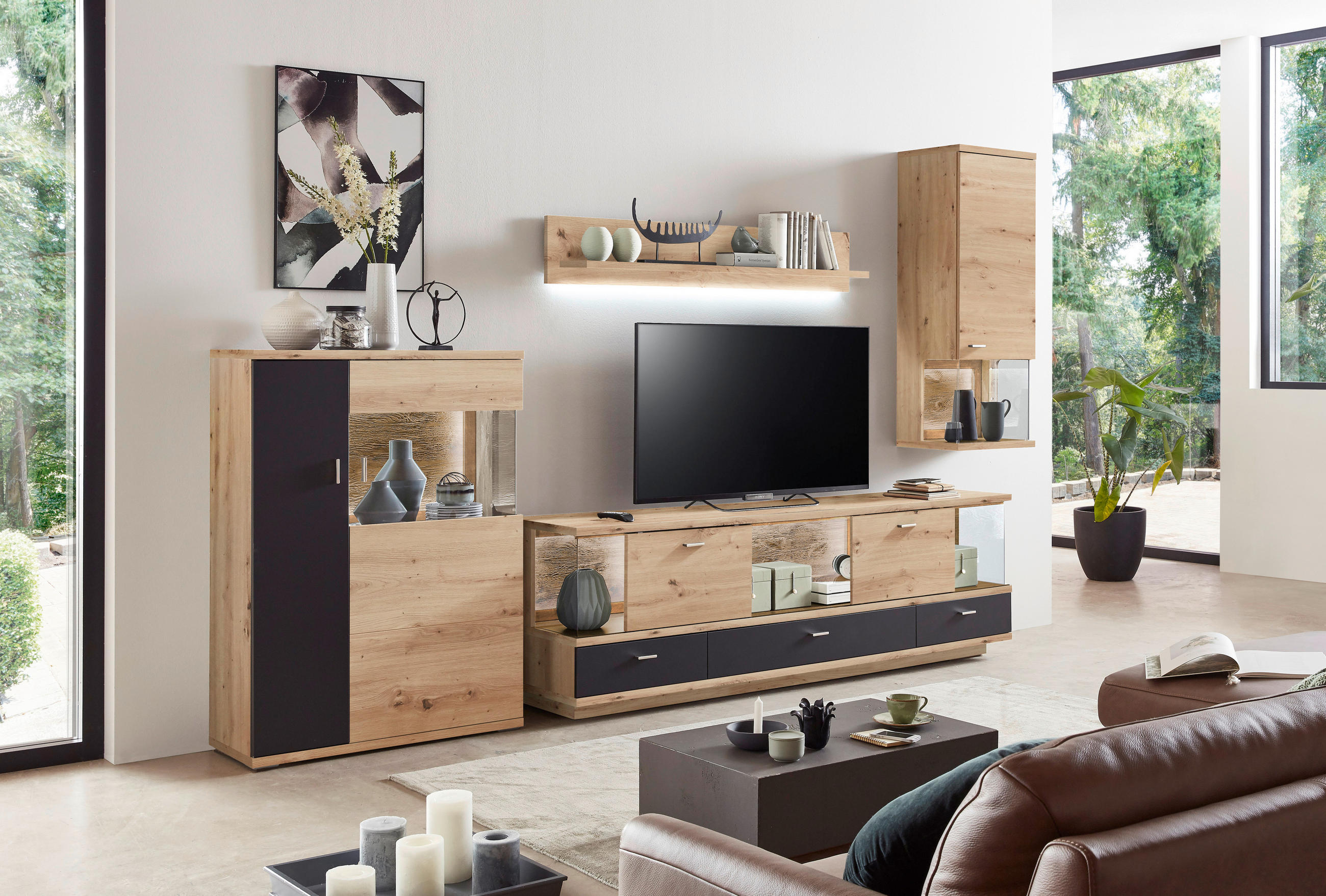 WOHNWAND  in Eichefarben, Dunkelgrau  324,6/204,2/45 cm  - Eichefarben/Dunkelgrau, Design, Glas/Holzwerkstoff (324,6/204,2/45cm) - Stylife