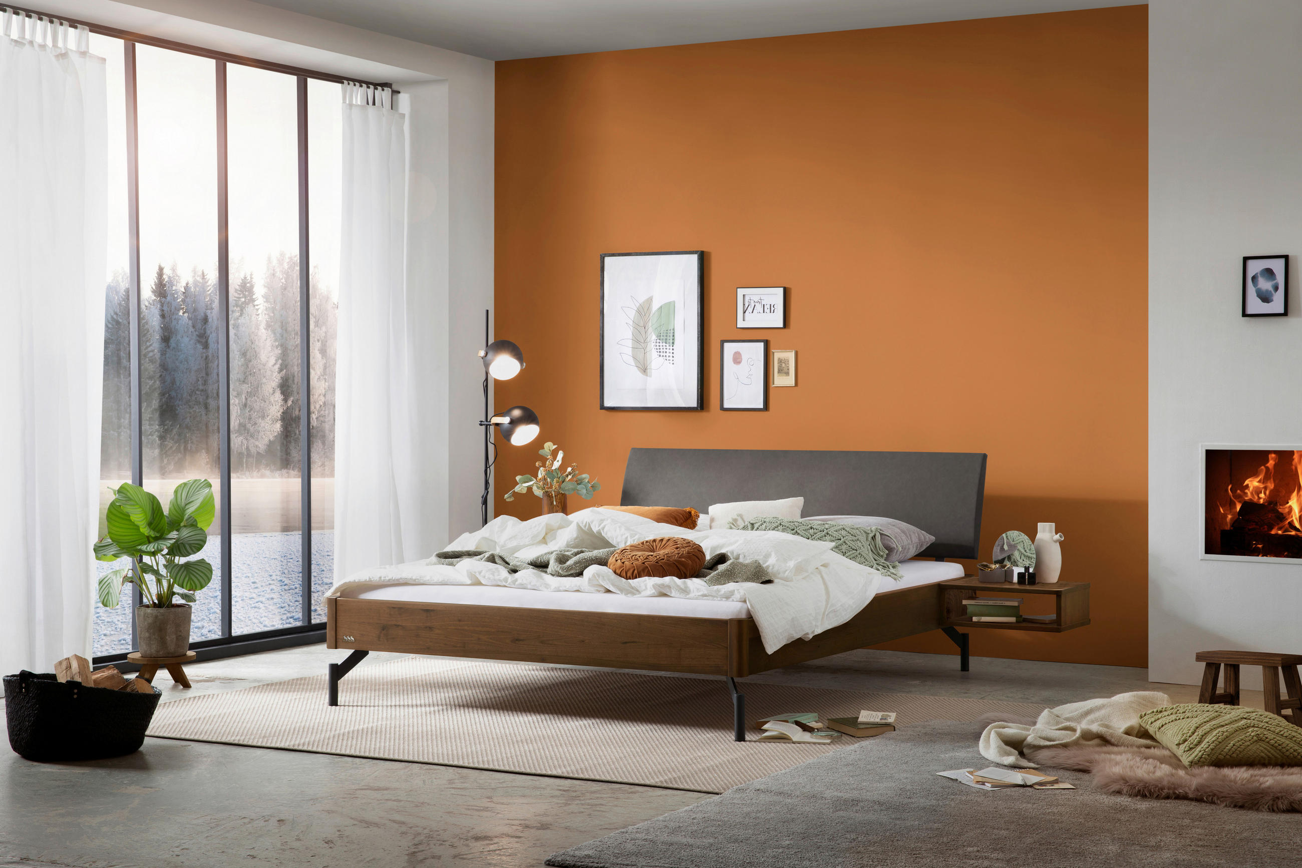 Thumbnail - Hasena Bett, Anthrazit, Grau, Nussbaum, Holz, Nussbaum, massiv, Höhe ca. 22 cm, 180x200 cm, gepolstertes Kopfteil, in ve...