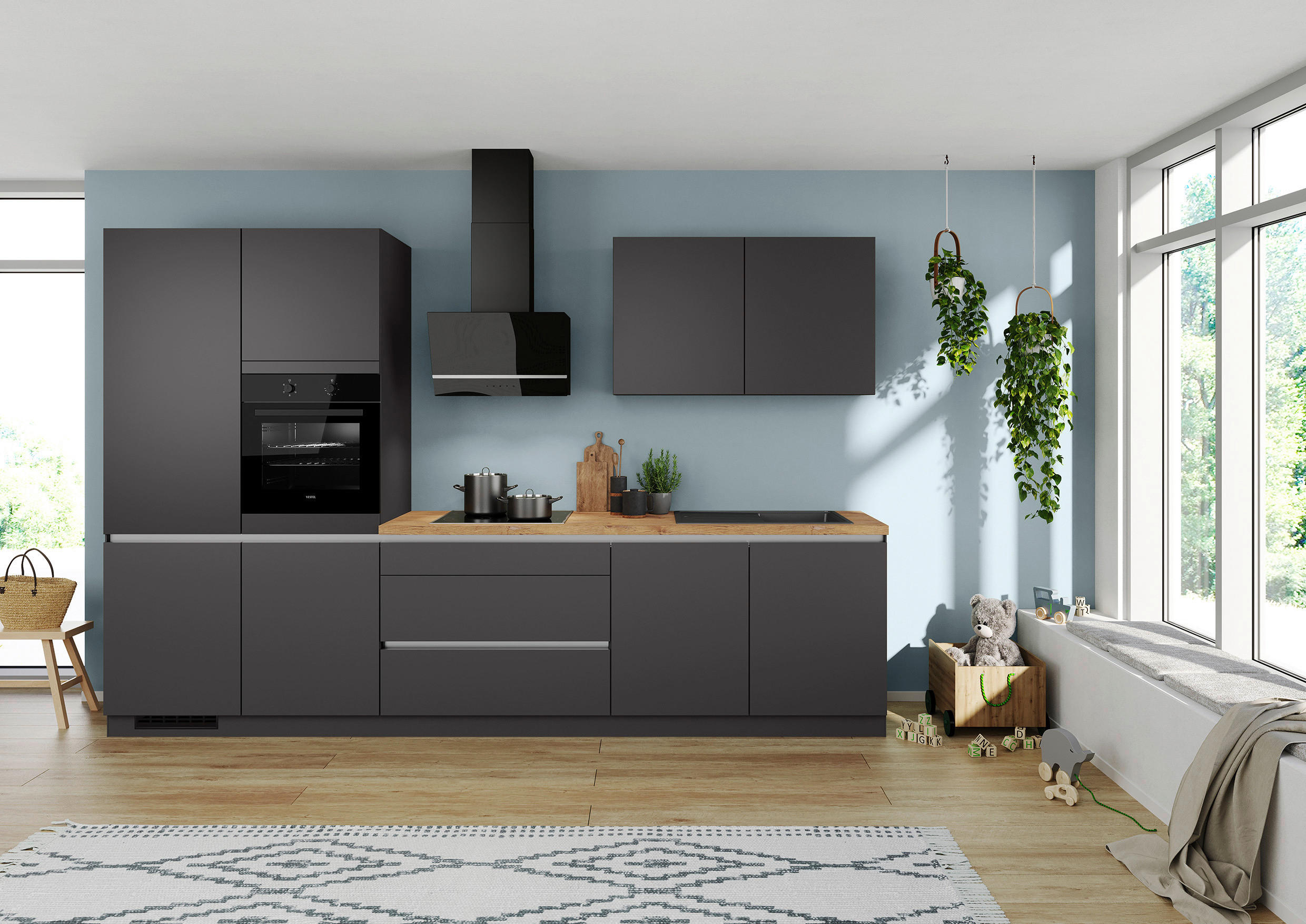 KÜCHENLEERBLOCK 340 cm   in Graphitfarben  - Edelstahlfarben/Eichefarben, Design, Holzwerkstoff/Metall (340cm) - Impuls