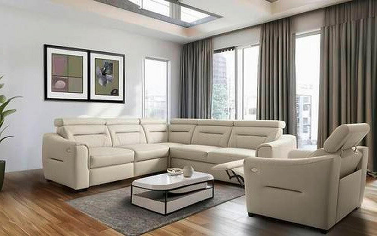 ECKSOFA Creme Echtleder Lederlook Schlaffunktion, Rücken echt, Relaxfunktion, Kopfteilverstellung  - Wengefarben/Creme, Design, Leder/Holz (260/260cm) - Celina Home