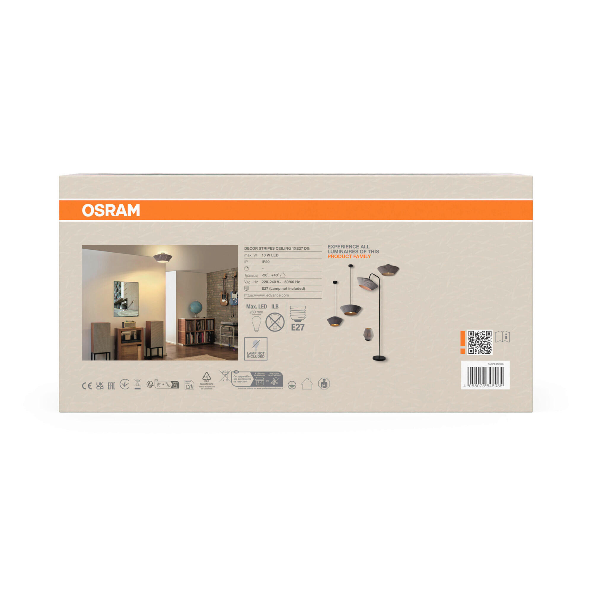 DECKENLEUCHTE  40,5/19 cm    - Dunkelgrau, Basics, Textil/Metall (40,5/19cm) - Osram