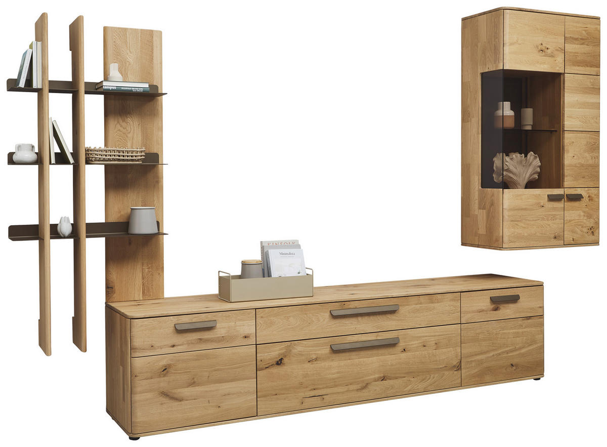 WOHNWAND  in Bronzefarben, Wildeiche  340,1/214/45,2 cm  - Wildeiche/Schwarz, Natur, Glas/Holz (340,1/214/45,2cm) - Valnatura