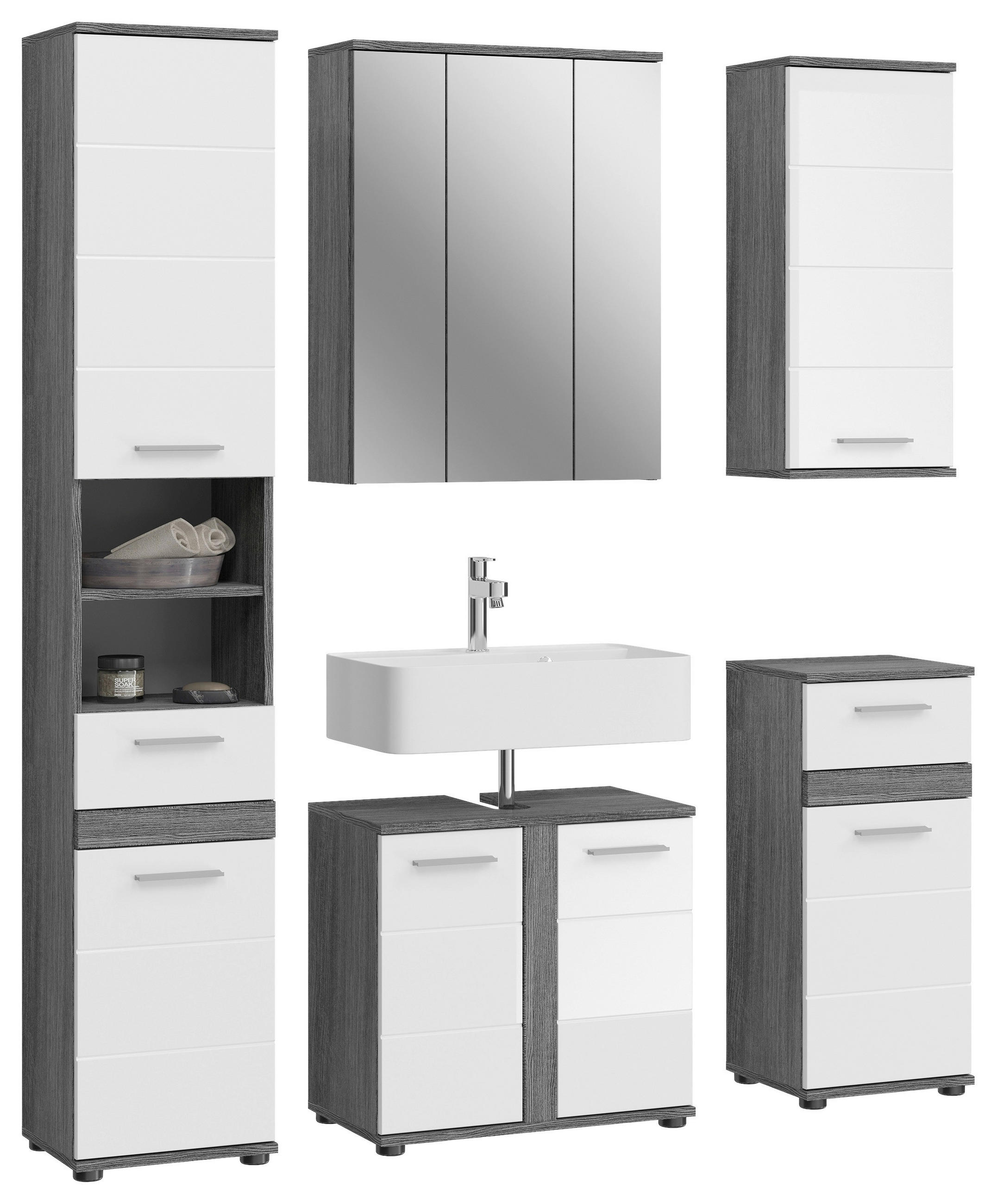 BADEZIMMER 5-teilig in 130 cm - Weiß Hochglanz/Silberfarben, MODERN, Holzwerkstoff/Kunststoff (130cm) - MID.YOU
