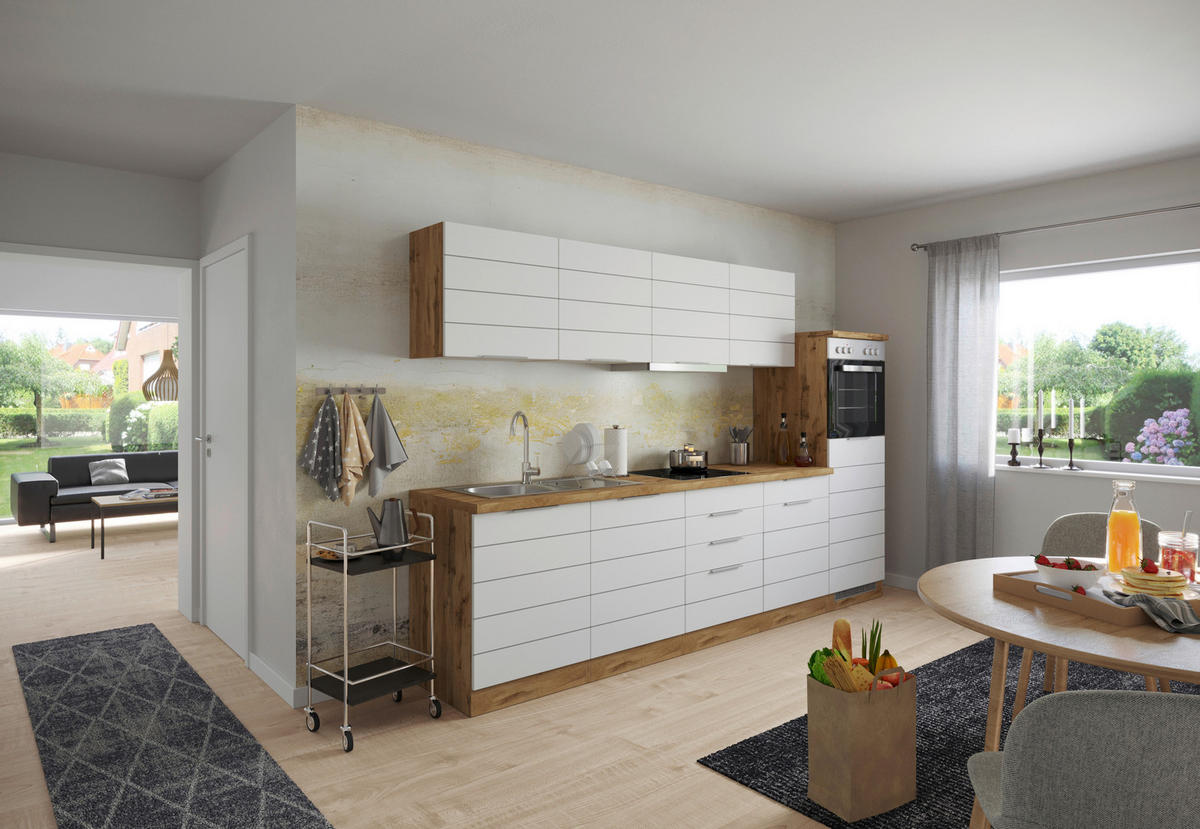 KÜCHENBLOCK 300 cm   Weiss, Eiche Wotan  - Weiss/Eiche Wotan, Design, Holzwerkstoff/Metall (300cm) - Held