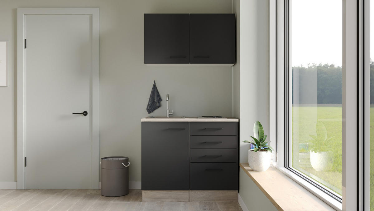 MINIKÜCHE 100 cm   in Schwarz, Eichefarben  - Eichefarben/Schwarz, MODERN, Holzwerkstoff/Metall (100cm) - FlexWell