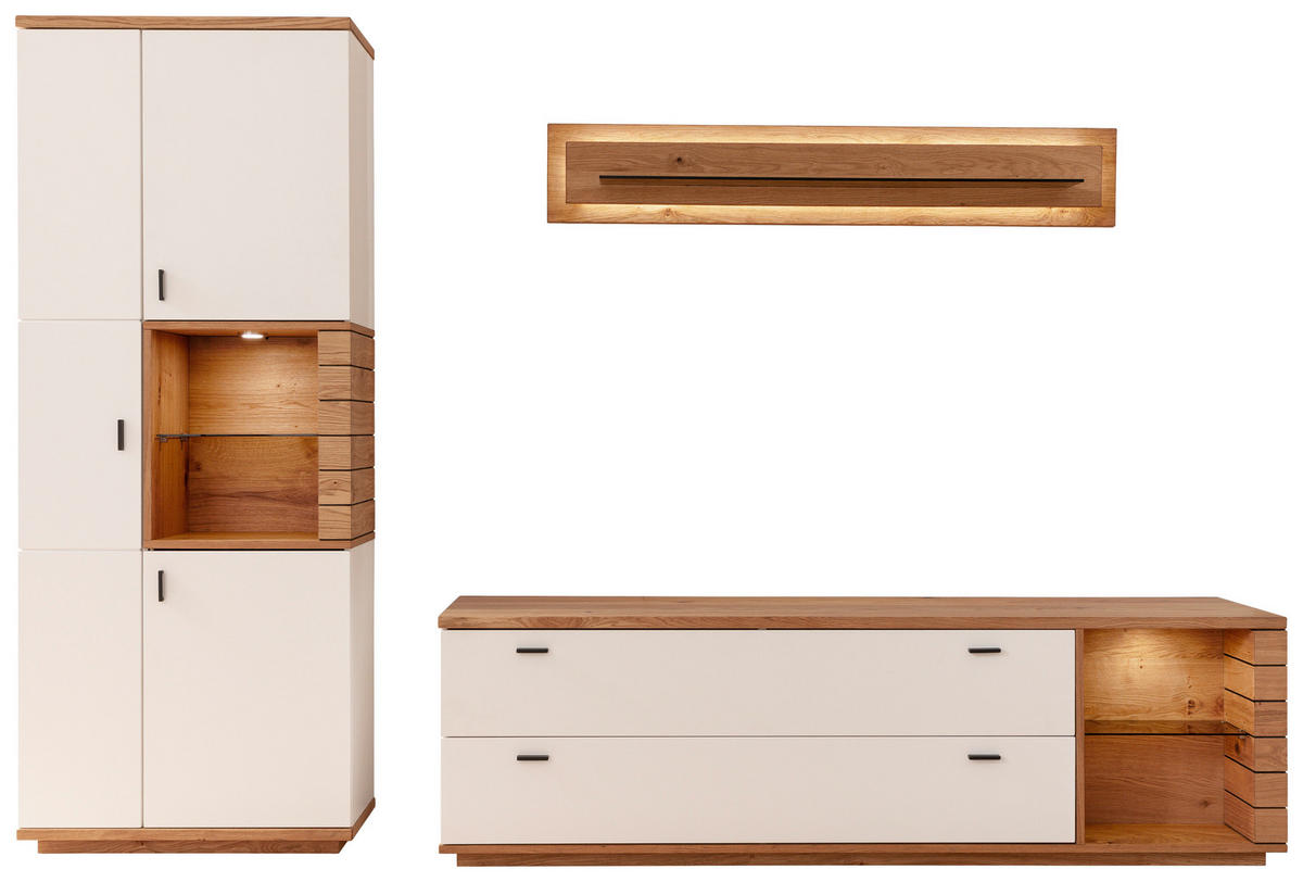 WOHNWAND  in Weiss, Wildeiche 305/202/50 cm  - Wildeiche/Weiss, Design, Glas/Holz (305/202/50cm) - Novel
