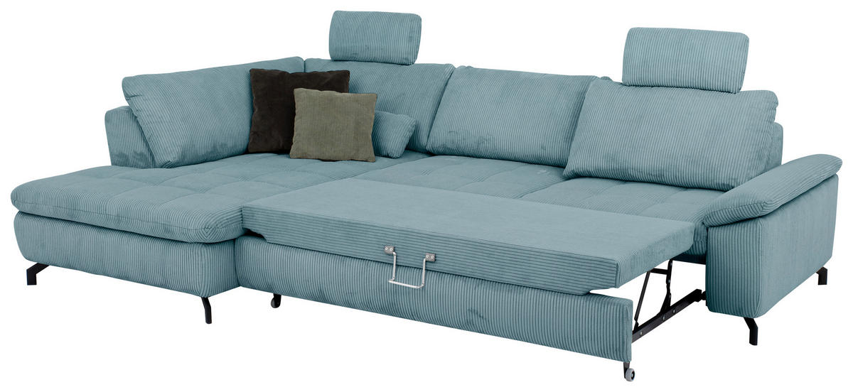 ECKSOFA in Cord, Velours Hellblau  - Schwarz/Hellblau, Design, Textil/Metall (197/291cm) - Beldomo Style