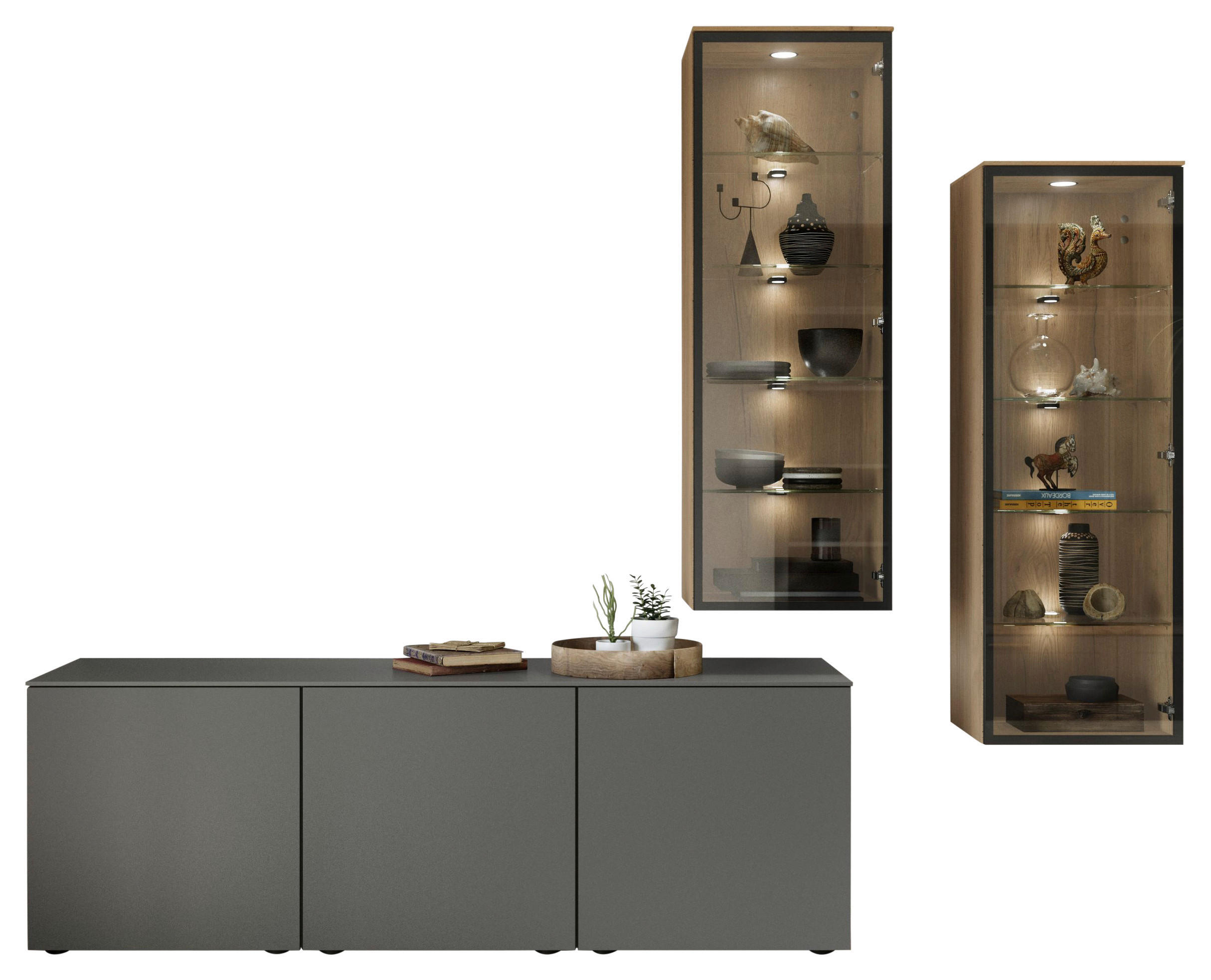 WOHNWAND  in Grau, Eichefarben  255,3/205,2/48,5 cm  - Eichefarben/Grau, Design, Glas/Holzwerkstoff (255,3/205,2/48,5cm) - Celina Home