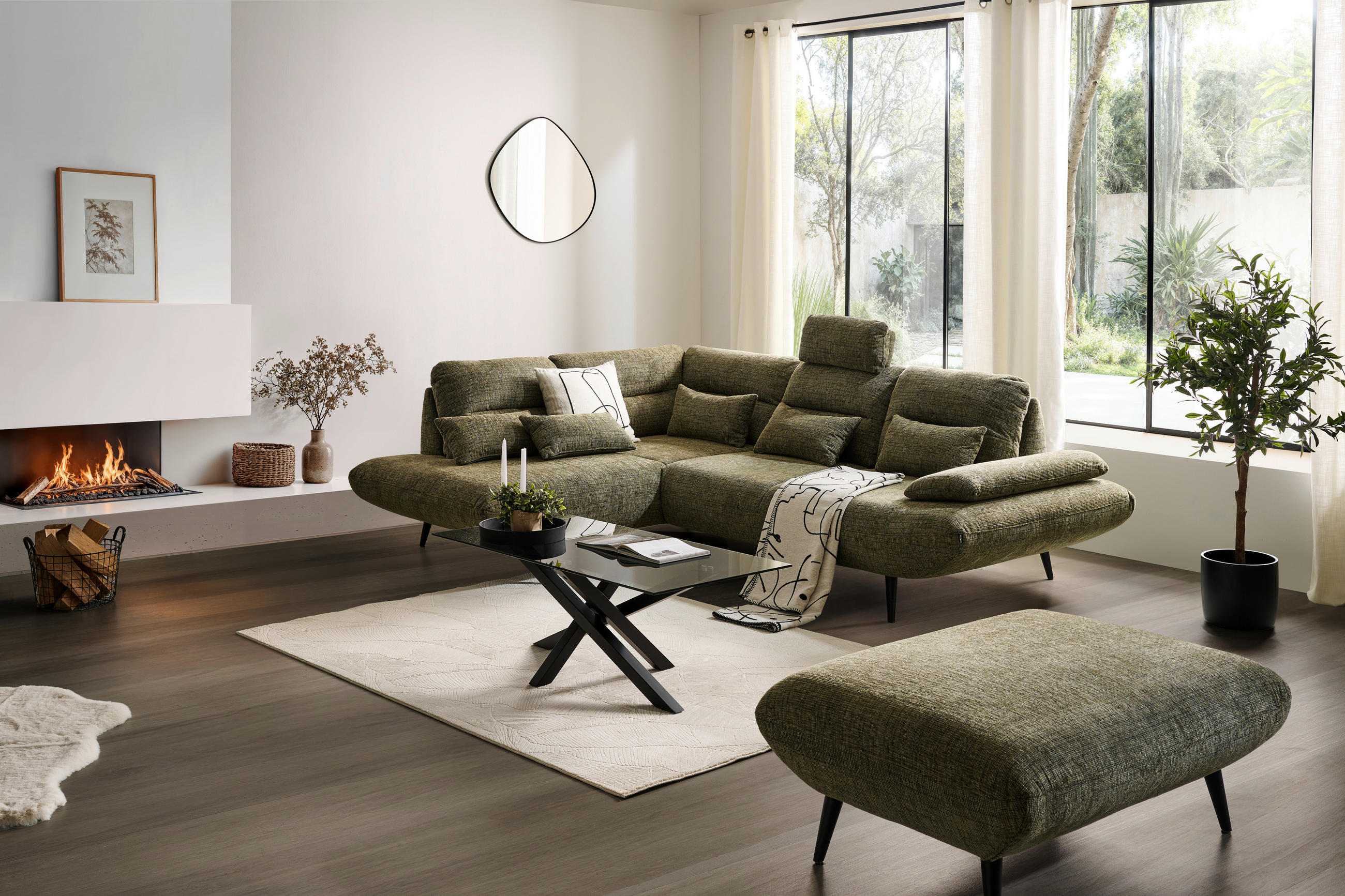 ECKSOFA in Chenille Olivgrün  - Schwarz/Olivgrün, Design, Textil/Metall (213/286cm) - Welnova