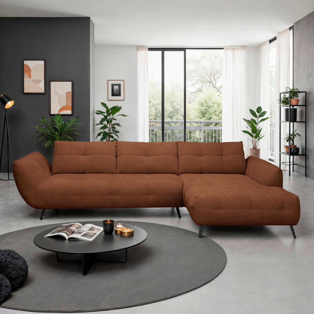 ECKSOFA Dunkelorange Chenille Armlehnenkissen, Rücken echt, Sitztiefenverstellung  - Dunkelorange/Schwarz, KONVENTIONELL, Textil/Metall (313/215cm) - Hom`in