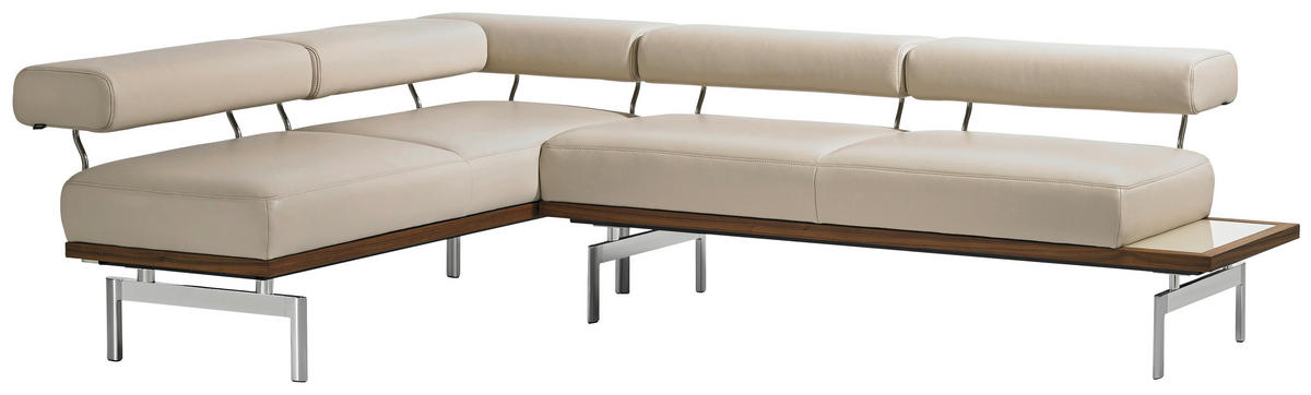 ECKBANK 190/266 cm  in Creme, Nussbaumfarben, Alufarben, Hellbraun  - Hellbraun/Nussbaumfarben, Design, Glas/Leder (190/266cm) - Joop!