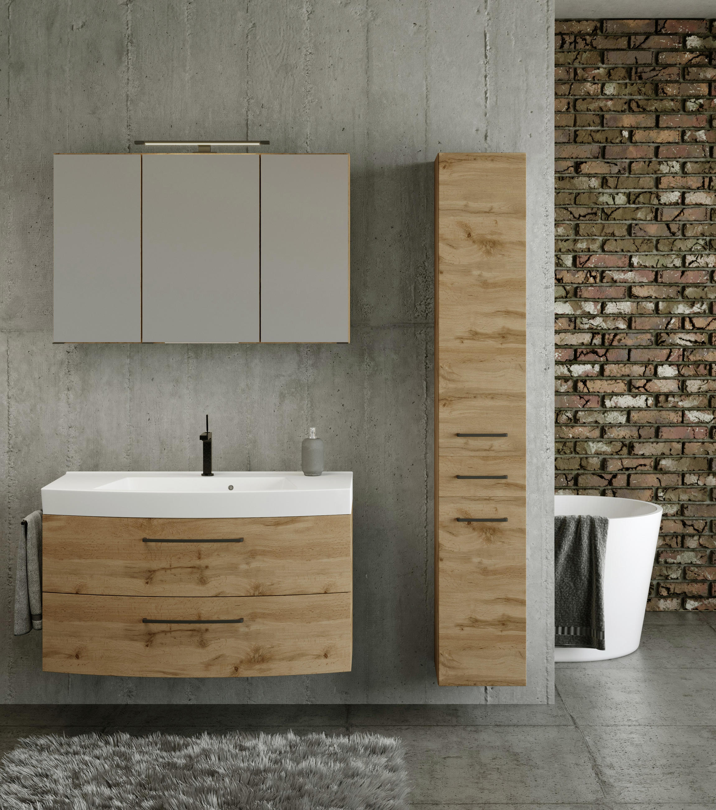 BADEZIMMER Eichefarben - Eichefarben/Weiß, MODERN, Keramik/Holzwerkstoff (130cm) - MID.YOU