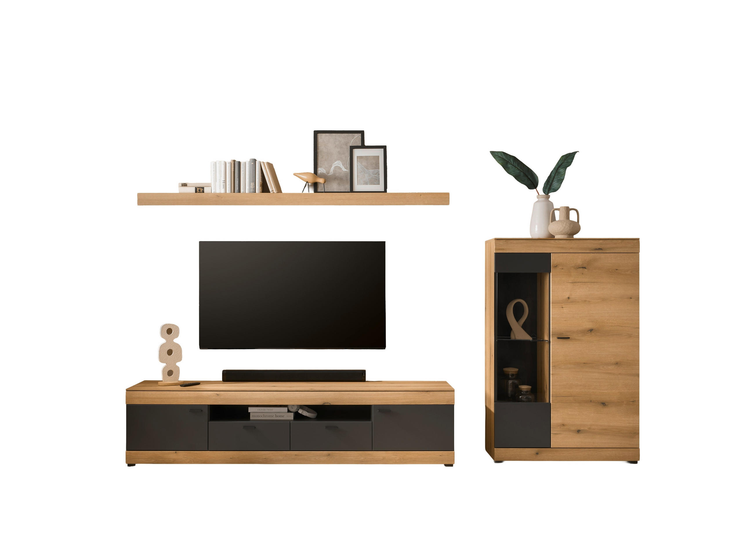 WOHNWAND 3-teilig  in Graphitfarben, Eichefarben  300/170/45 cm  - Eichefarben/Schwarz, Design, Glas/Holzwerkstoff (300/170/45cm) - MID.YOU