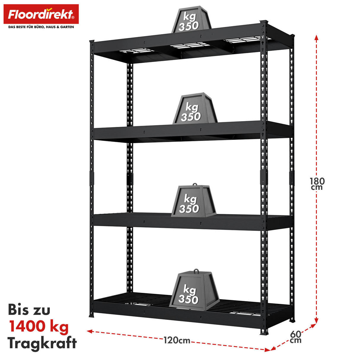SCHWERLASTREGAL 120/180/60 cm  - Schwarz, Basics, Metall (120/180/60cm) - Floordirekt