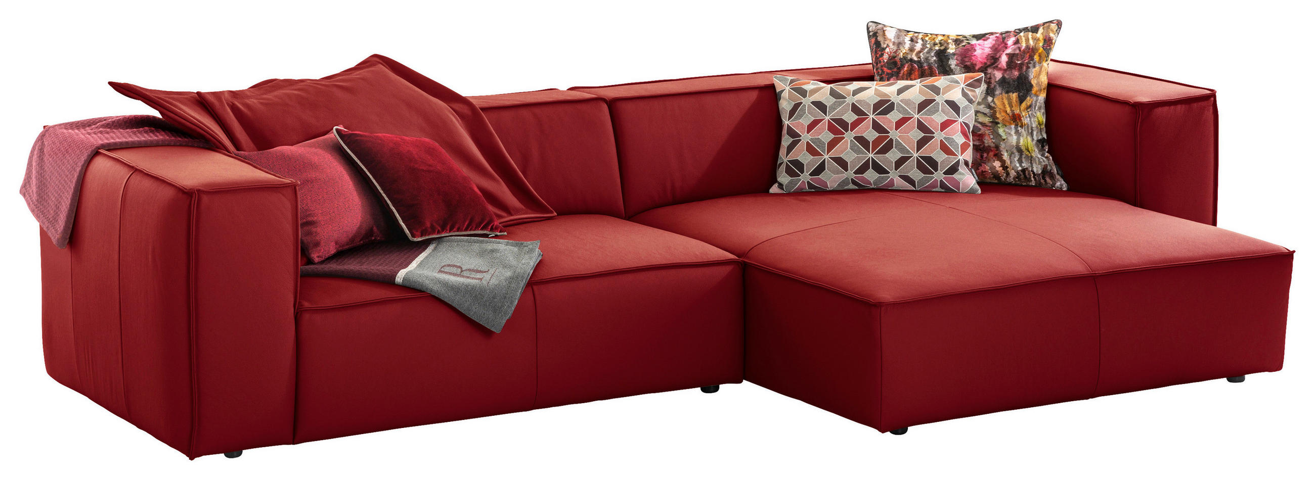 ECKSOFA around the block Dunkelrot Echtleder Rückenkissen, Rücken echt  - Schwarz/Dunkelrot, MODERN, Leder/Kunststoff (300/164cm) - Chilliano