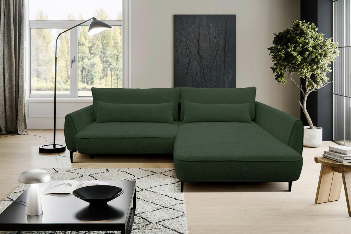 ECKSOFA Dunkelgrün Bouclé  - Dunkelgrün/Creme, Design, Textil/Metall (273/204cm) - MID.YOU