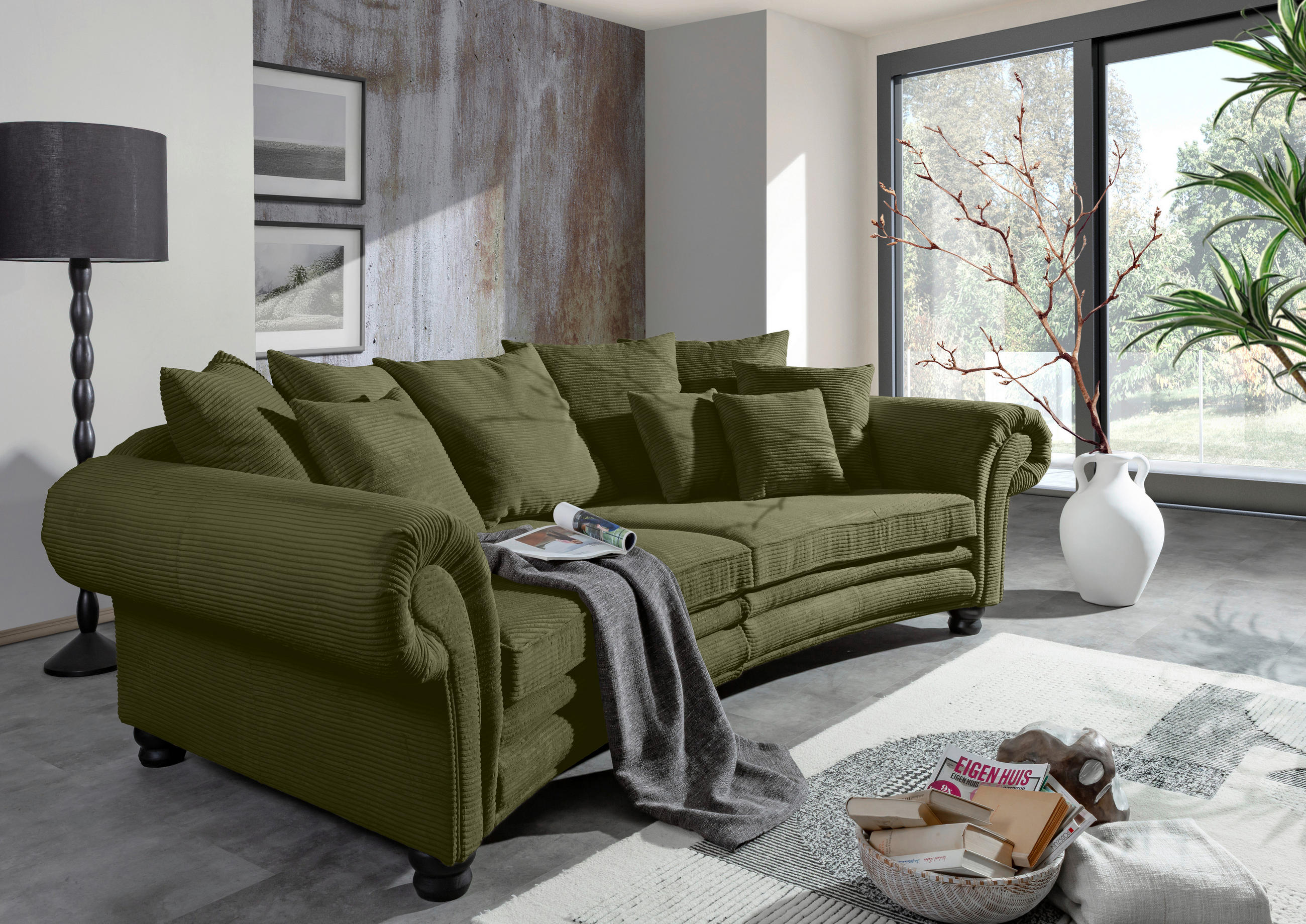MEGASOFA Cord Dunkelgrün  - Dunkelgrün/Schwarz, ROMANTIK / LANDHAUS, Holz/Textil (276/81/140cm) - Landscape