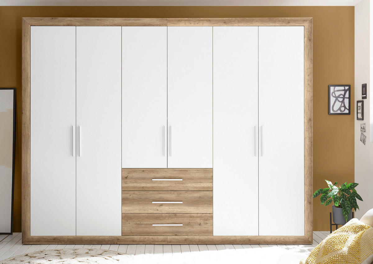 DREHTÜRENSCHRANK 289/225/59 cm,  in Weiß, Eichefarben, 6-türig  - Eichefarben/Silberfarben, MODERN, Holzwerkstoff/Kunststoff (289/225/59cm) - MID.YOU