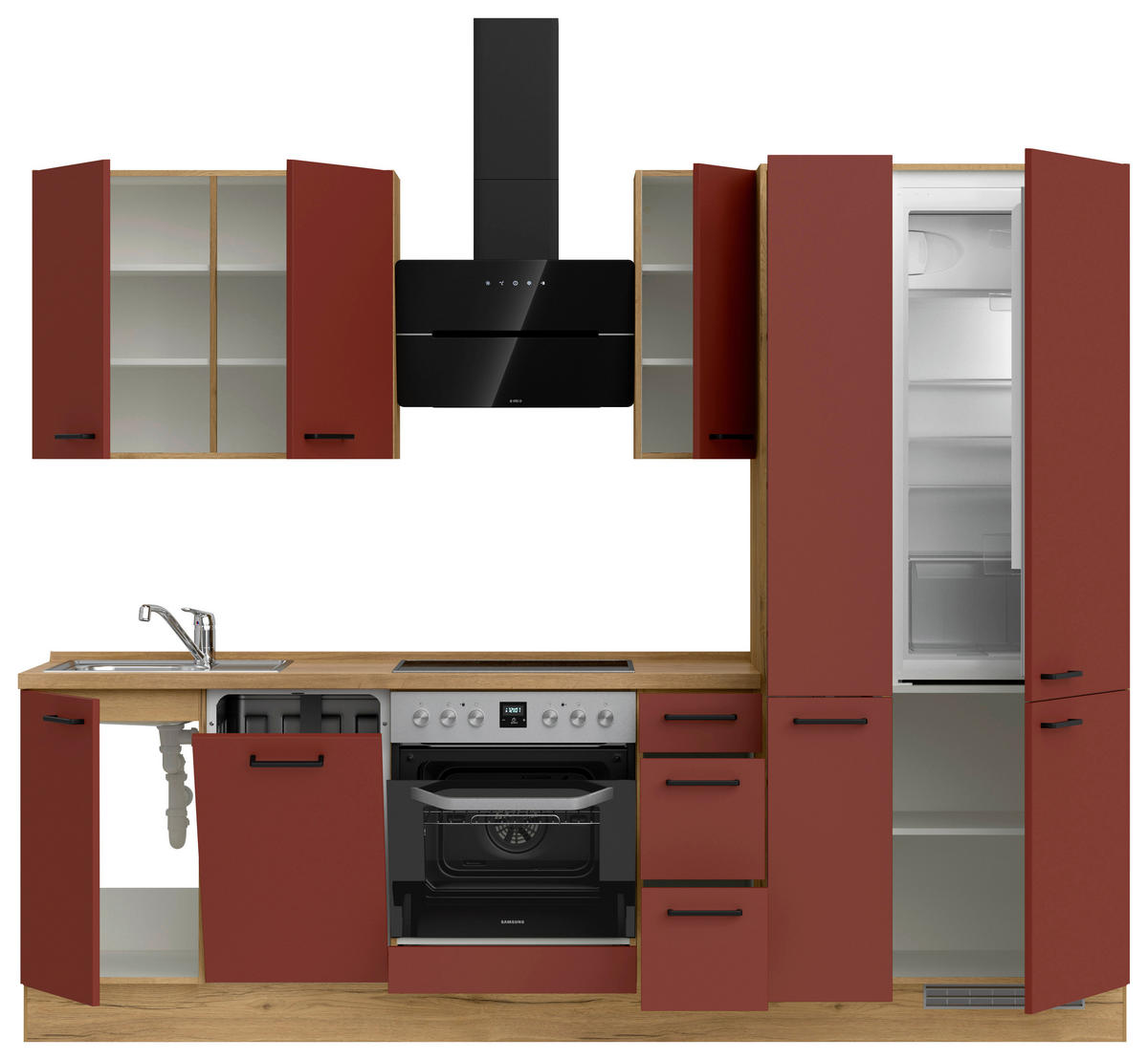 KÜCHENBLOCK 270 cm   in Eichefarben, Dunkelrot  - Eichefarben/Schwarz, MODERN, Holzwerkstoff/Metall (270cm) - Nobilia