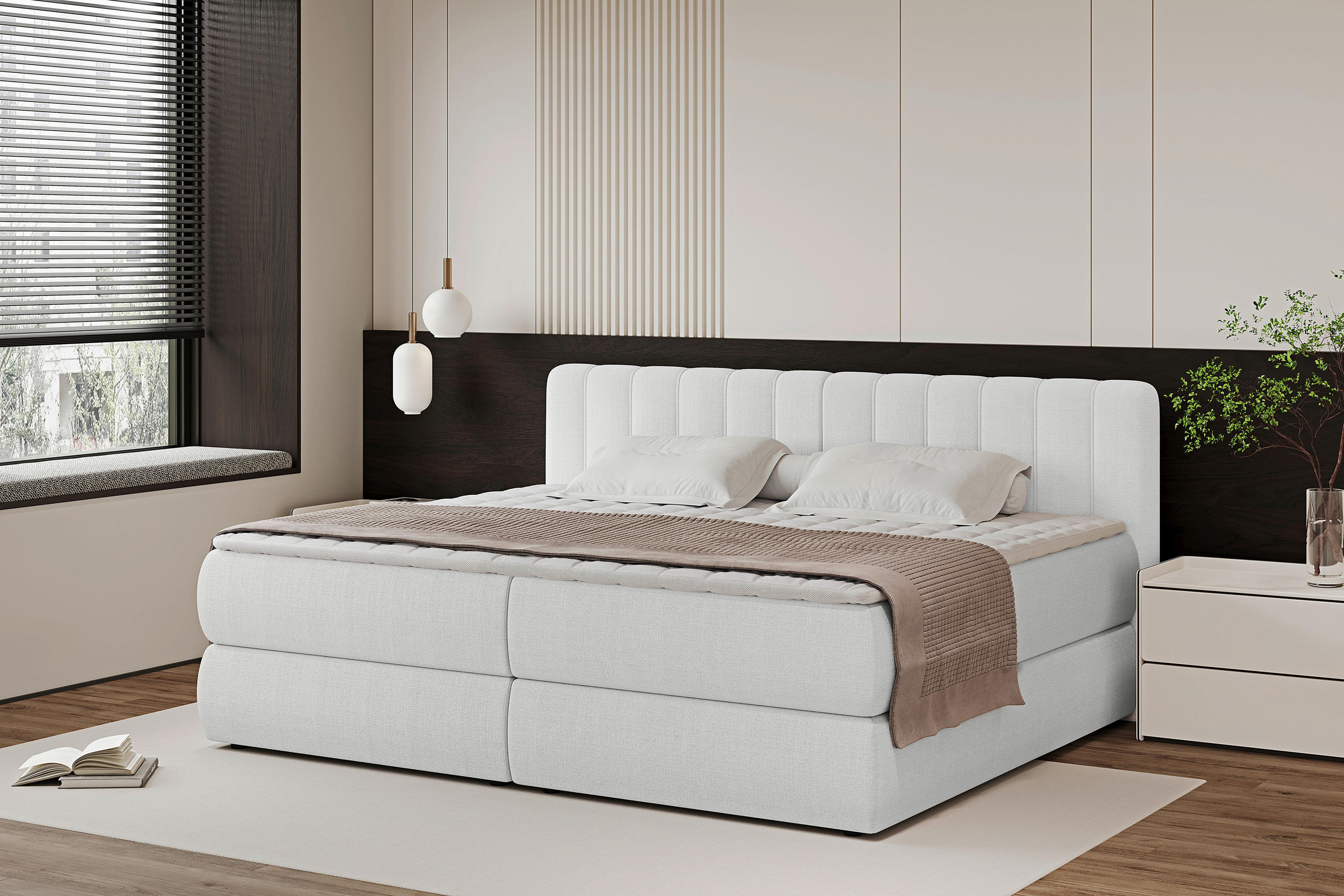 BOXSPRINGBETT 200/200 cm,  in Beige, gepolstertes Kopfteil, Bettkasten, Topper, Matratzen, H3 + H4 = fest + sehr fest  - Beige/Schwarz, Design, Kunststoff/Textil (200/200cm) - Chameo