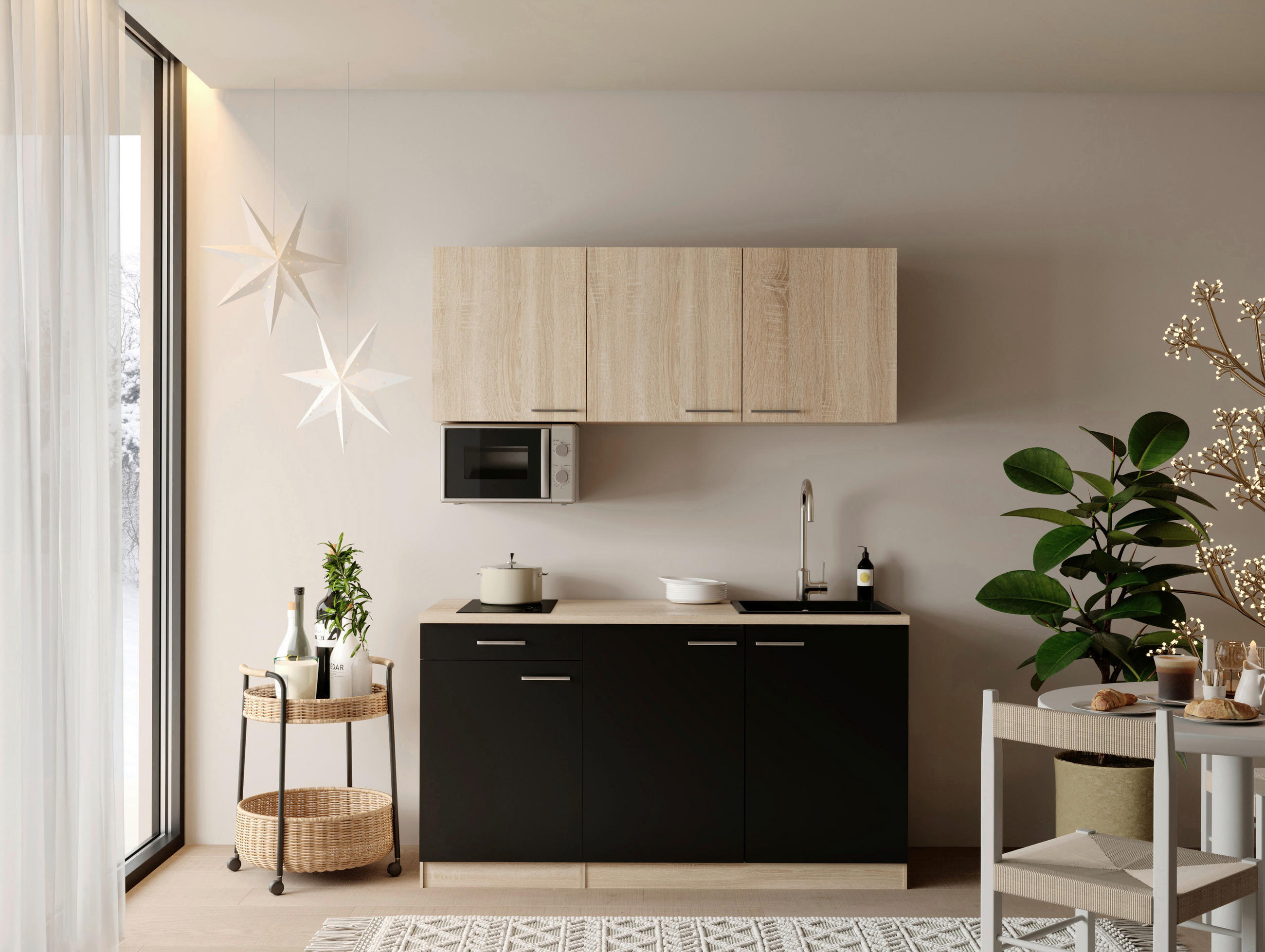 MAJHNA KUHINJA - črna/barve hrasta, Design, umetna masa/leseni material (150cm) - Respekta