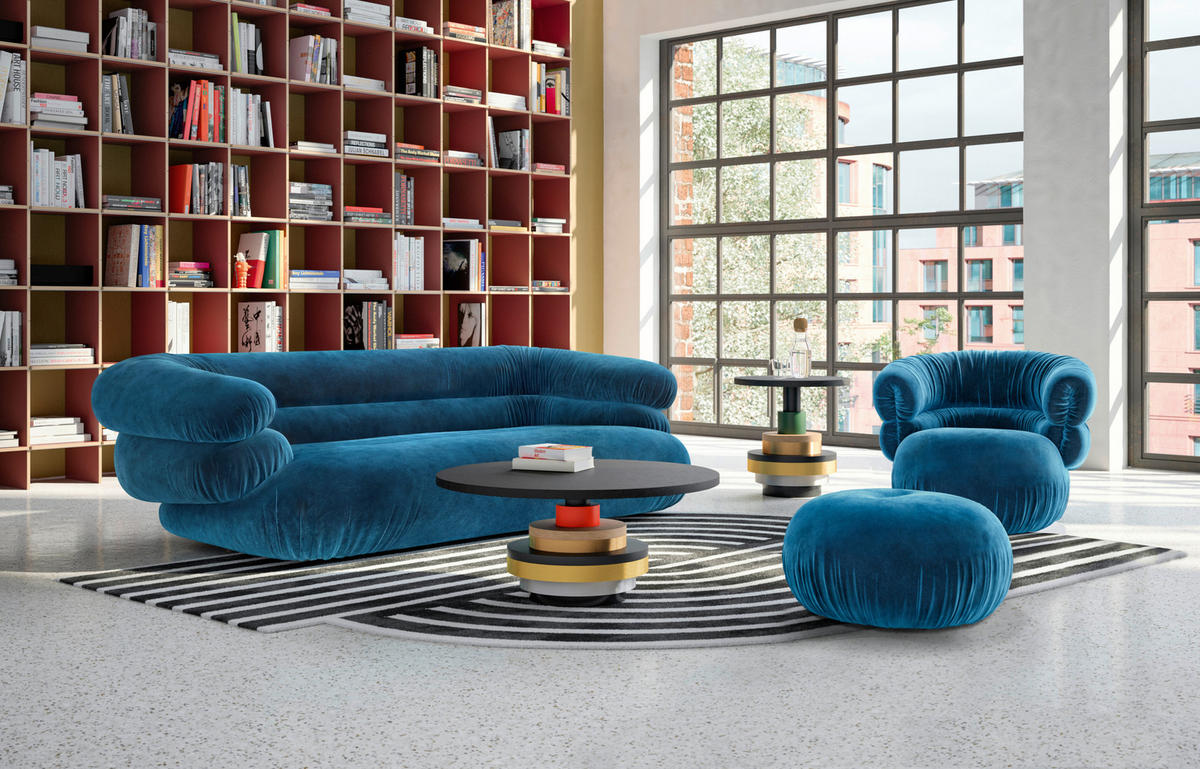 BIGSOFA in Velours Blau  - Blau/Schwarz, Trend, Kunststoff/Textil (250/77/130cm) - Bretz