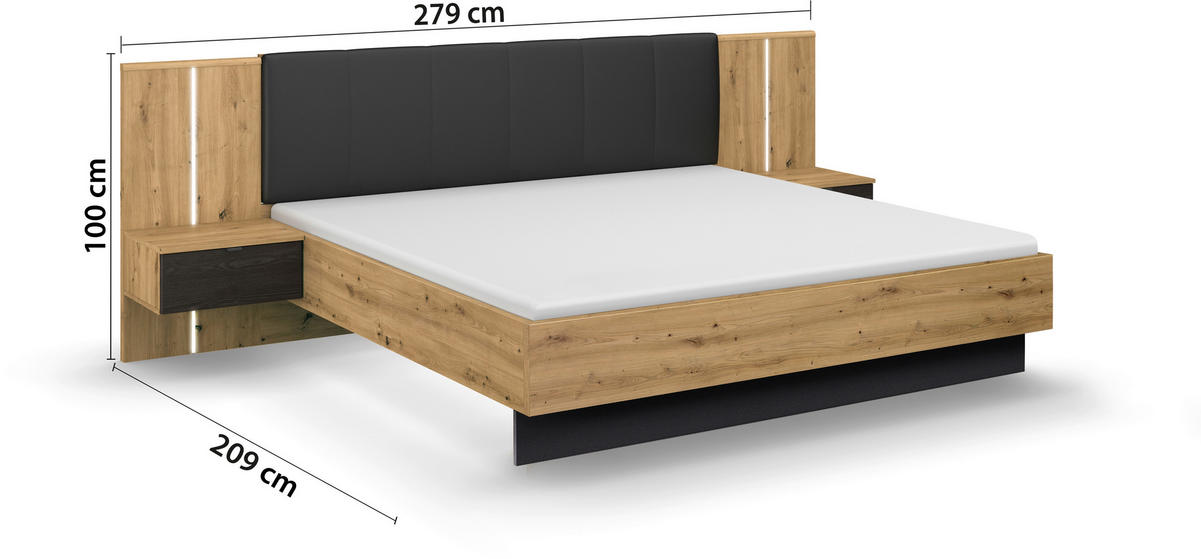 BETTANLAGE 180/200 cm  in Schwarz, Eiche Artisan   - Schwarz/Eiche Artisan, Modern, Holzwerkstoff/Textil (180/200cm) - Rauch Möbel