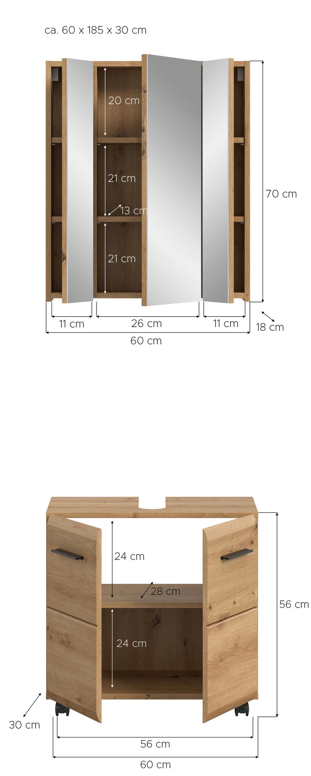 BADEZIMMER 2-teilig  in 60 cm  - Schwarz/Eiche Artisan, Trend, Glas/Holzwerkstoff (60cm) - MID.YOU