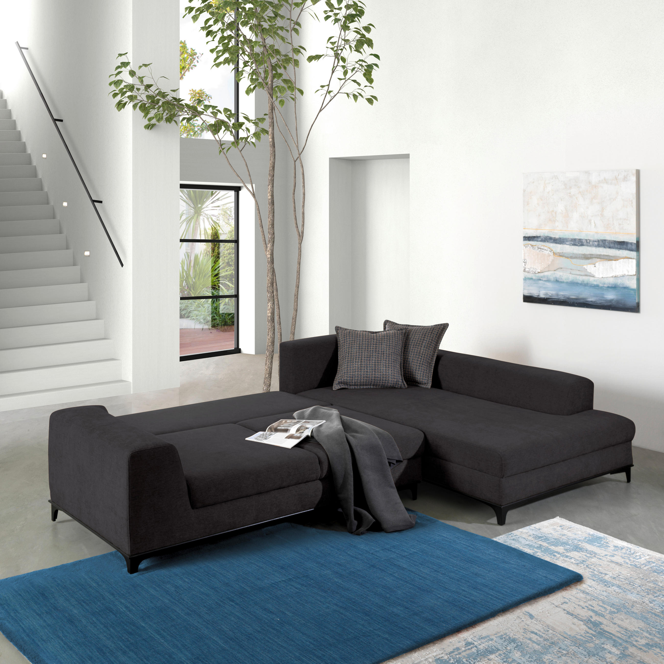 ECKSOFA Schieferfarben Webstoff  - Schieferfarben/Schwarz, Design, Metall (314/211cm) - Stylife
