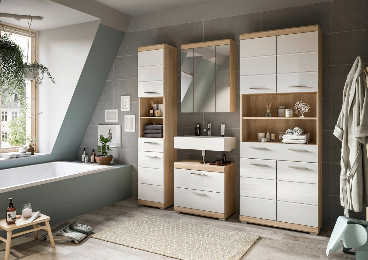 BADEZIMMER 4-teilig  in 165 cm  - Weiß Hochglanz/Silberfarben, MODERN, Glas/Holzwerkstoff (165cm) - MID.YOU