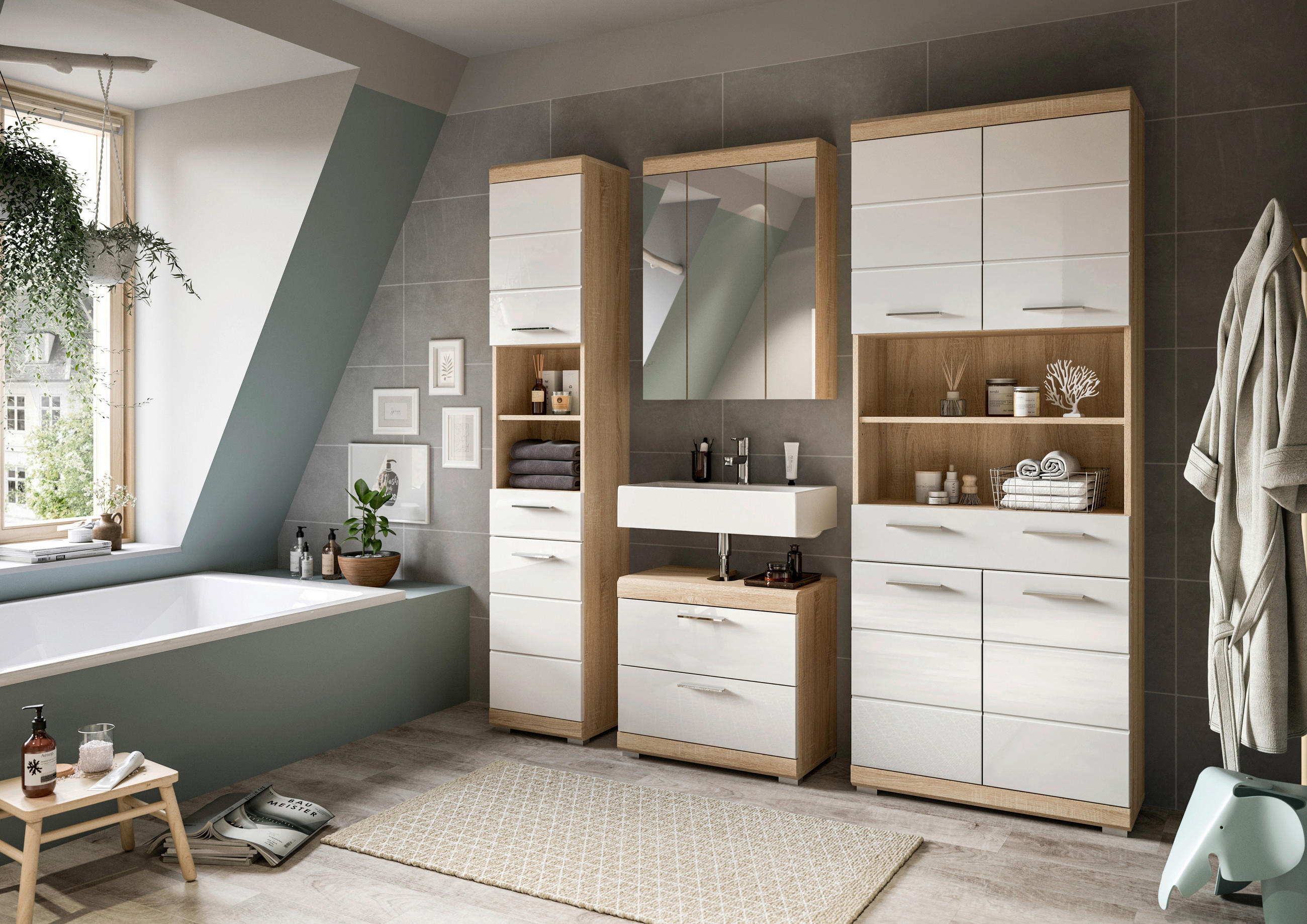 Mid.you Badezimmer Sonoma Eiche, Weiß Hochglanz 171 cm