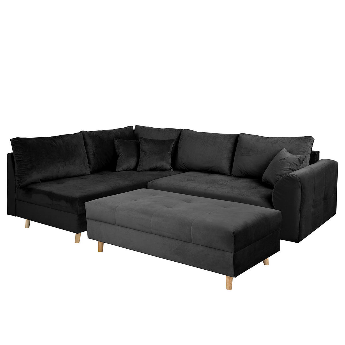 ECKSOFA inkl. Hocker Ariella Schwarz Samt Rückenkissen, Hocker  - Schwarz/Naturfarben, Design, Holz/Textil (161/231cm) - Livetastic