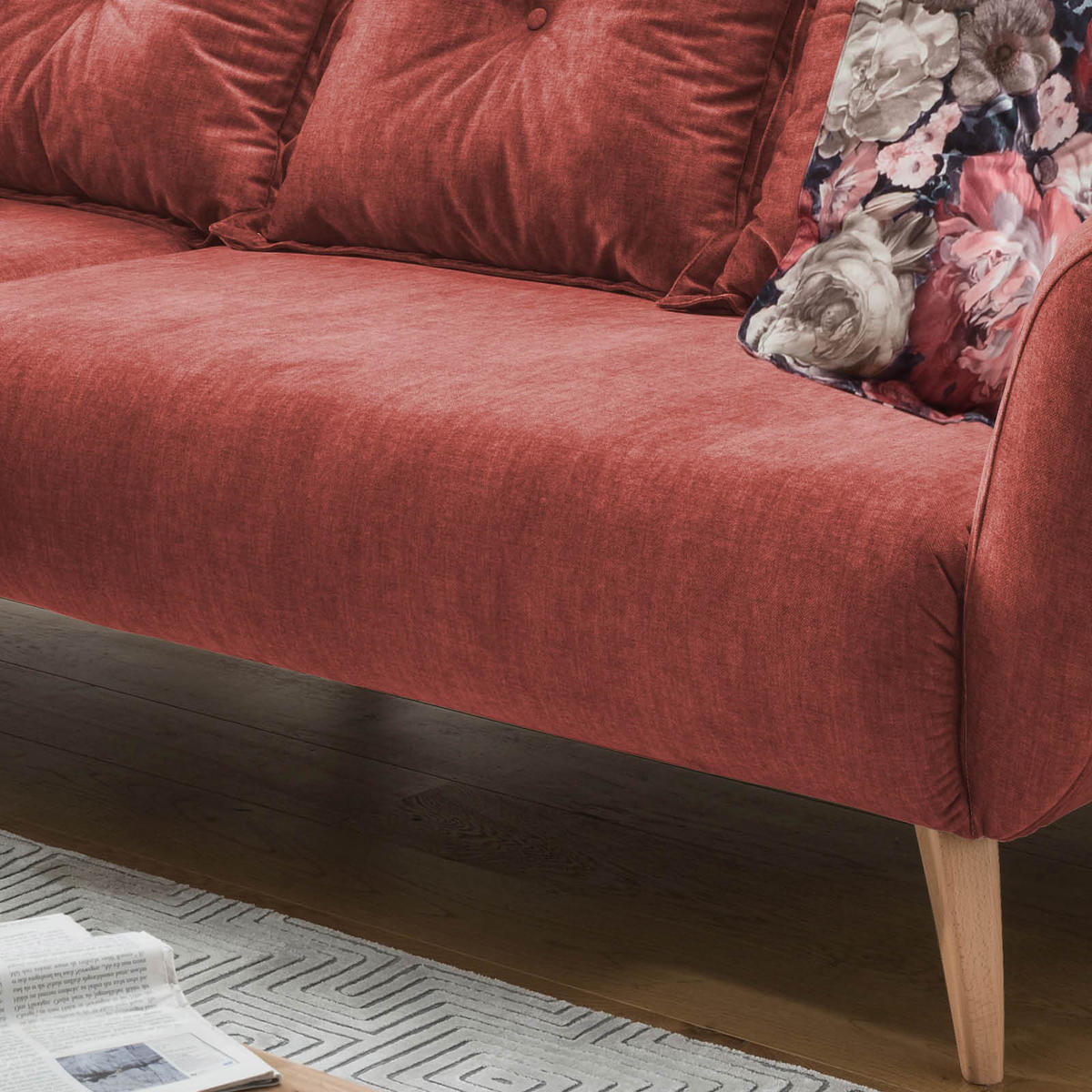 ECKSOFA in Velours Koralle, Multicolor  - Koralle/Buchefarben, Modern, Holz/Textil (162/277cm) - Livetastic