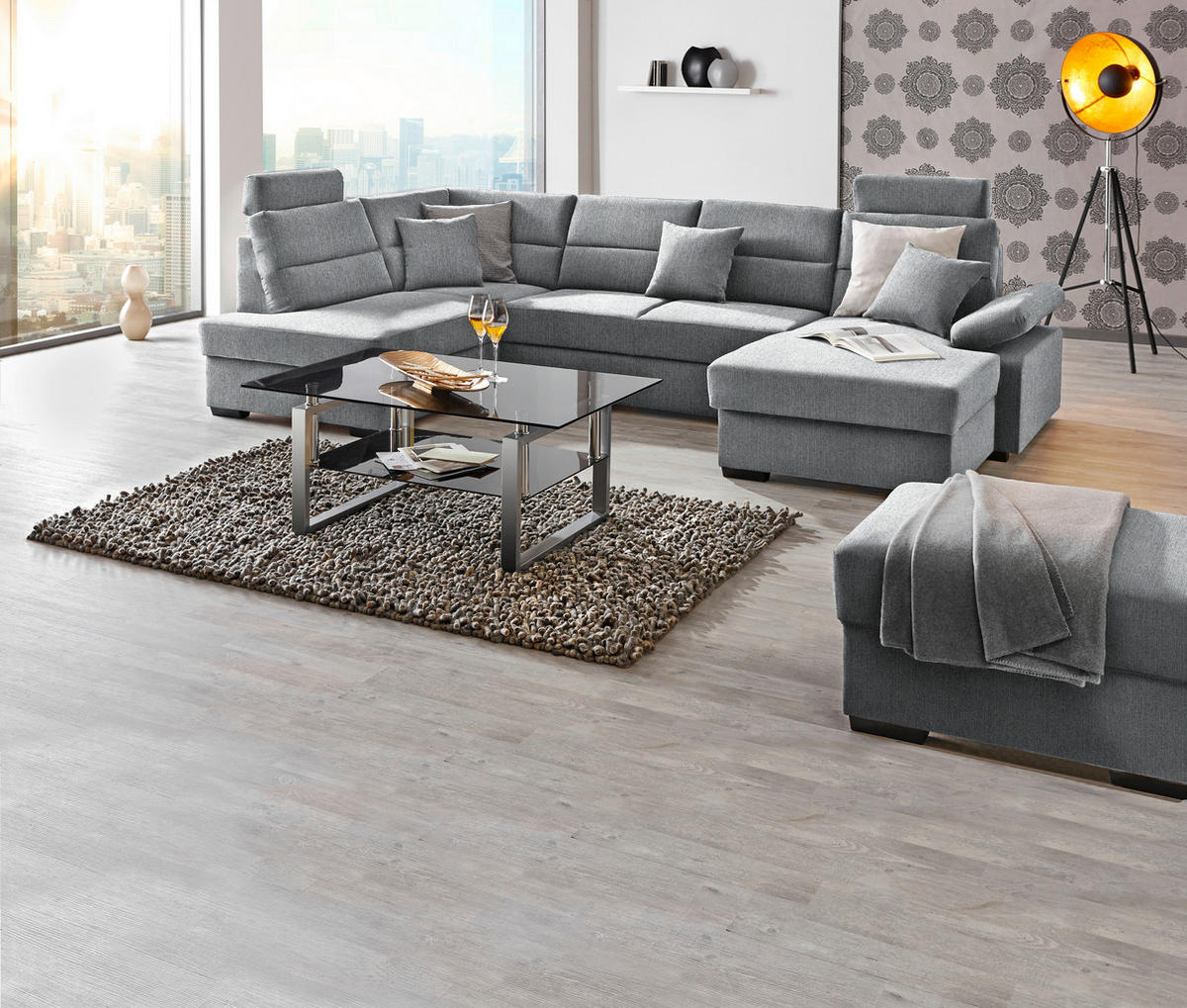 WOHNLANDSCHAFT in Webstoff Grau  - Dunkelbraun/Grau, Konventionell, Kunststoff/Textil (183/319/166cm) - Cantus