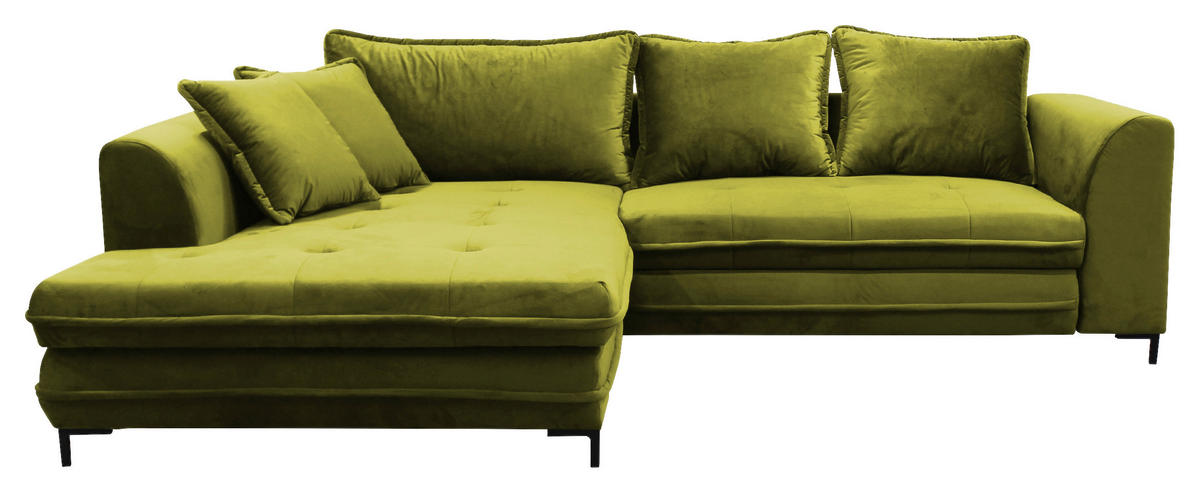 ECKSCHLAFSOFA  mit Rücken echt, Armteil links Velours Hellgrün  - Schwarz/Hellgrün, Design, Textil/Metall (187/277cm) - Livetastic