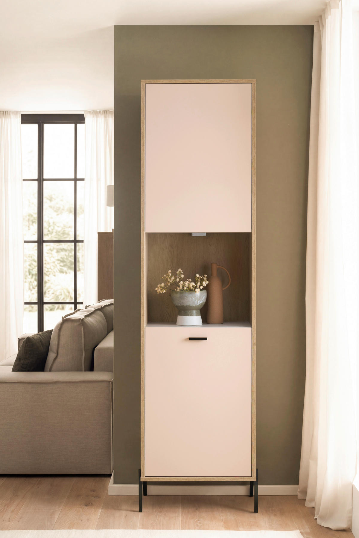 VITRINE  in Eichefarben, Kaschmir - Kaschmir/Eichefarben, Design, Holzwerkstoff/Metall (55/206/35cm) - MID.YOU