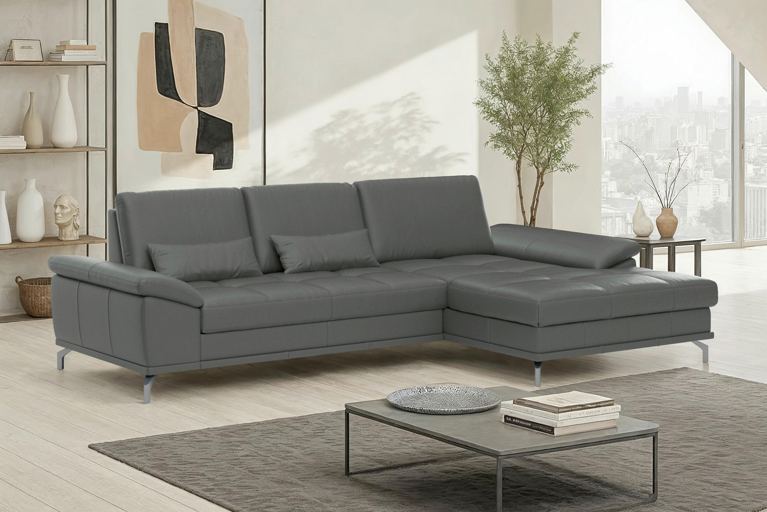 ECKSOFA COSTELLO E Anthrazit Kombination Echtleder/Stoff Mikrofaser Nierenkissen, Armteilverstellung, Sitztiefenverstellung, Bettkasten  - Anthrazit/Schwarz, Basics, Leder/Textil (301/176cm) - Sit & More