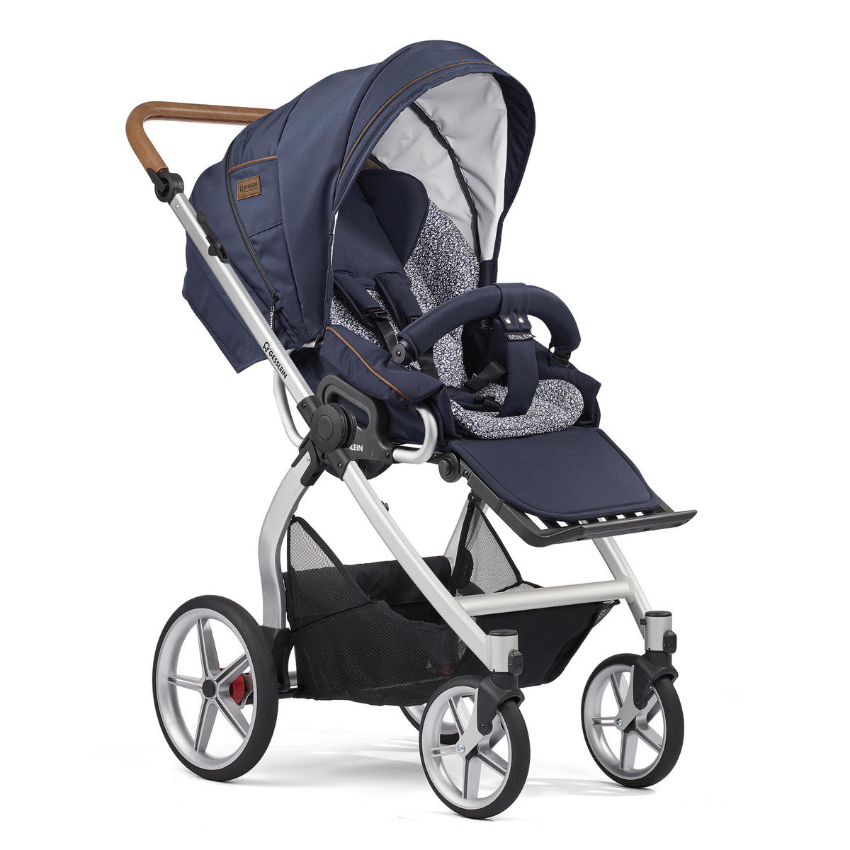 KINDERWAGENSET  FX4 Classic   - Silberfarben/Schwarz, Basics, Leder/Textil (57/129/100cm) - Gesslein