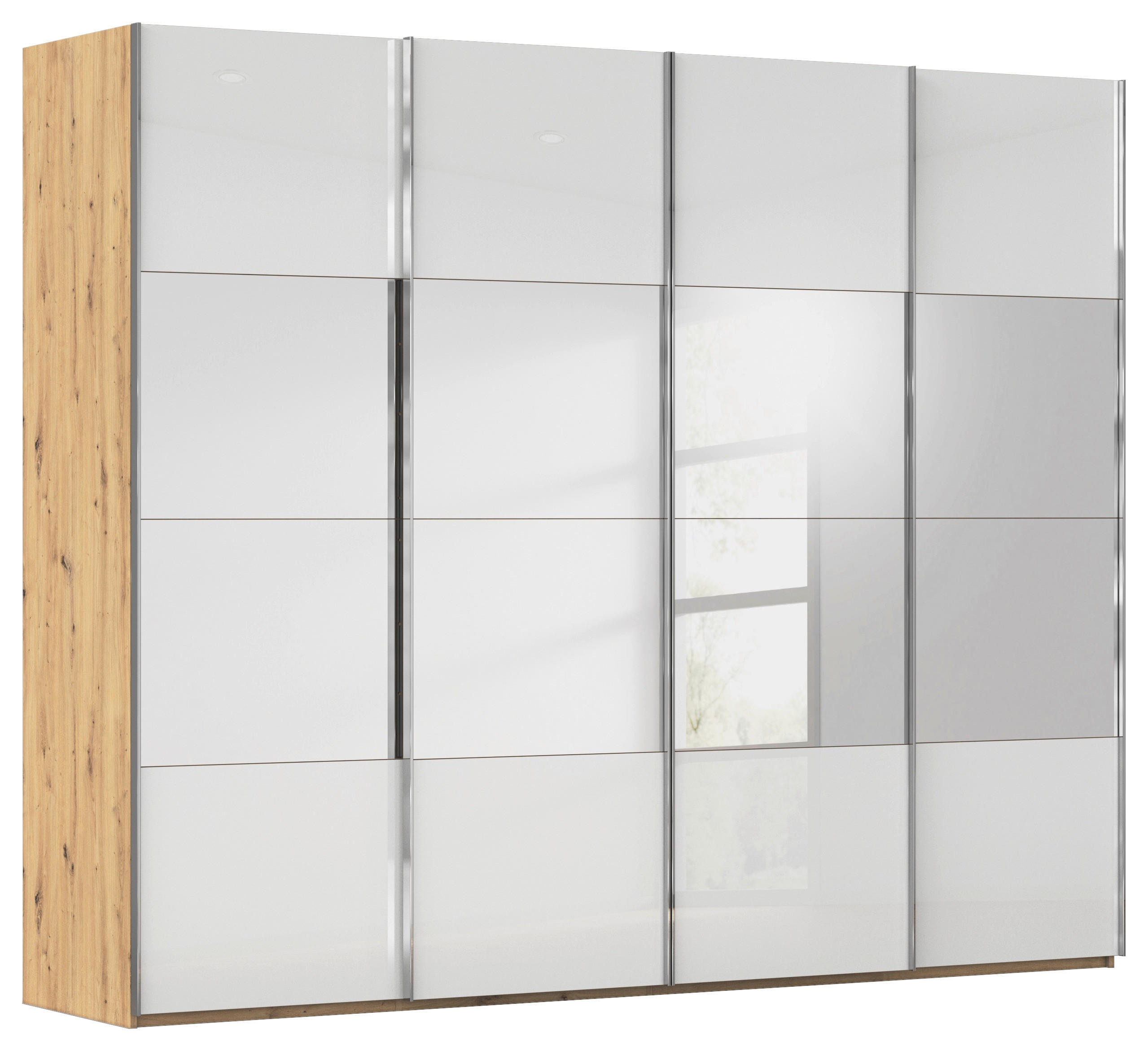 SCHWEBETÜRENSCHRANK 271/223/68 cm 4-türig Weiß, Eiche Artisan  - Chromfarben/Weiß, Design, Glas/Holzwerkstoff (271/223/68cm) - Novel