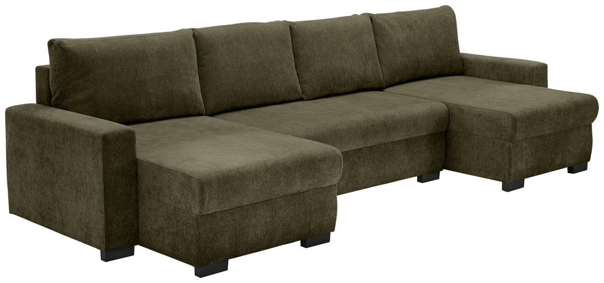 WOHNLANDSCHAFT Olivgrün Chenille  - Schwarz/Olivgrün, KONVENTIONELL, Kunststoff/Textil (140/328/140cm) - Ti'me