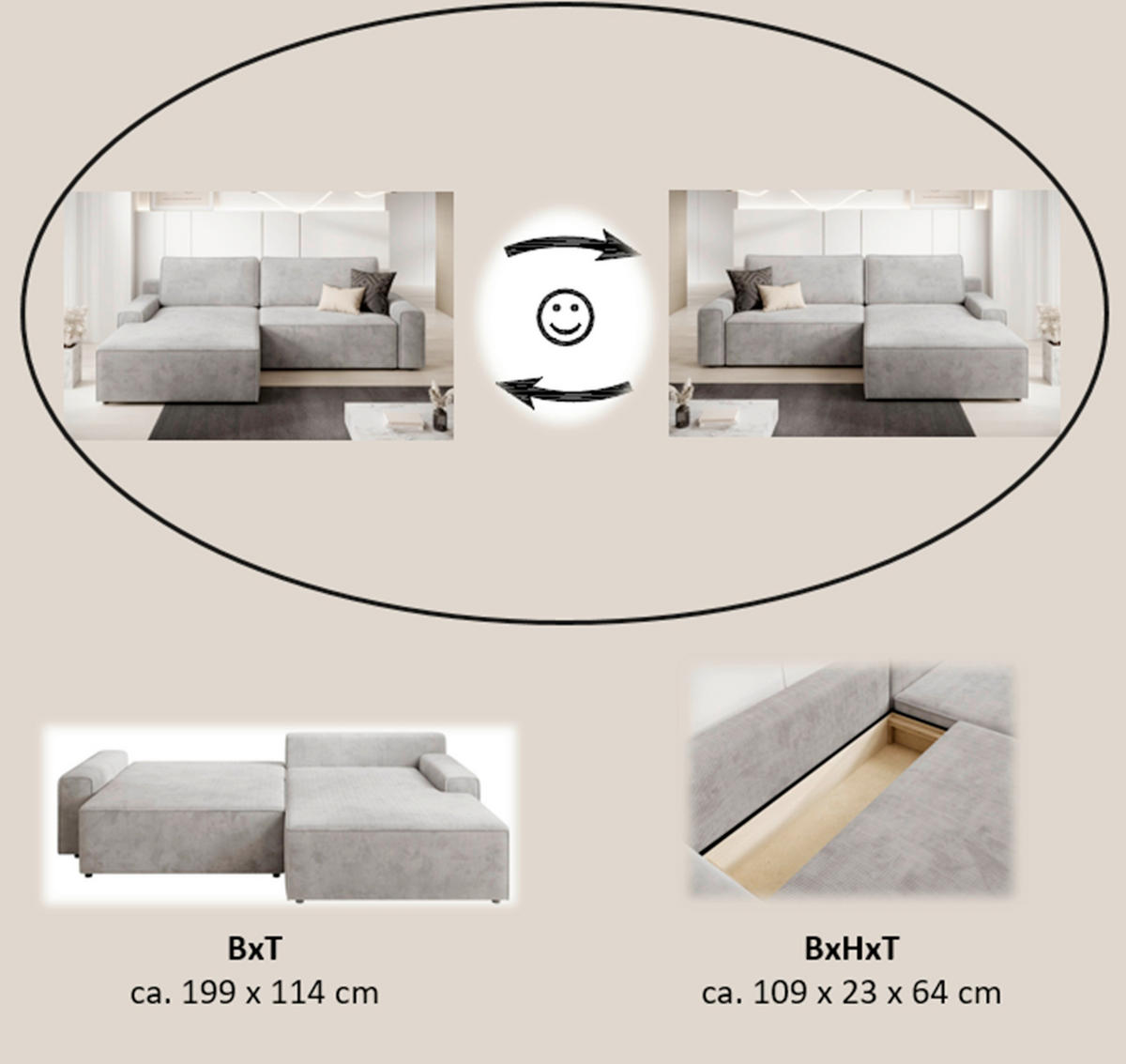 ECKSCHLAFSOFA CHALLANGE  mit Schlafen auf Sitzhöhe, Rücken echt, Armteil links, Armteil rechts Cord Grau  - Schwarz/Grau, MODERN, Kunststoff/Textil (246/168cm) - Trendmanufaktur