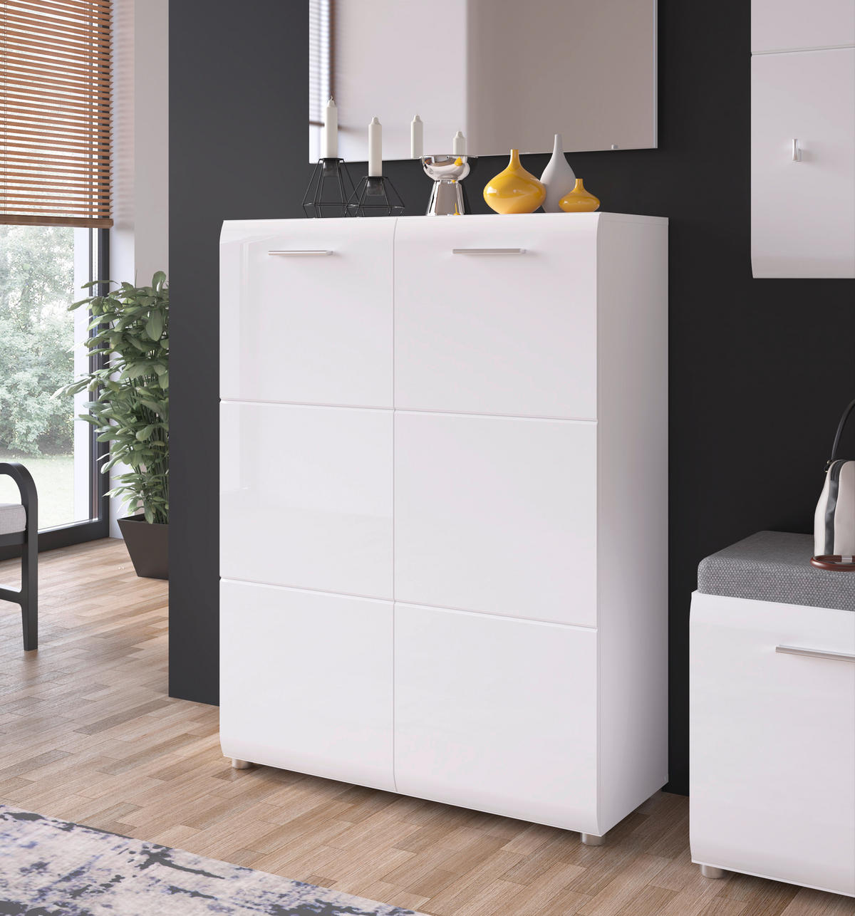 SCHUHSCHRANK Weiß Hochglanz, Weiß  - Chromfarben/Weiß Hochglanz, MODERN, Holzwerkstoff/Kunststoff (89,9/120/36cm) - Boxxx