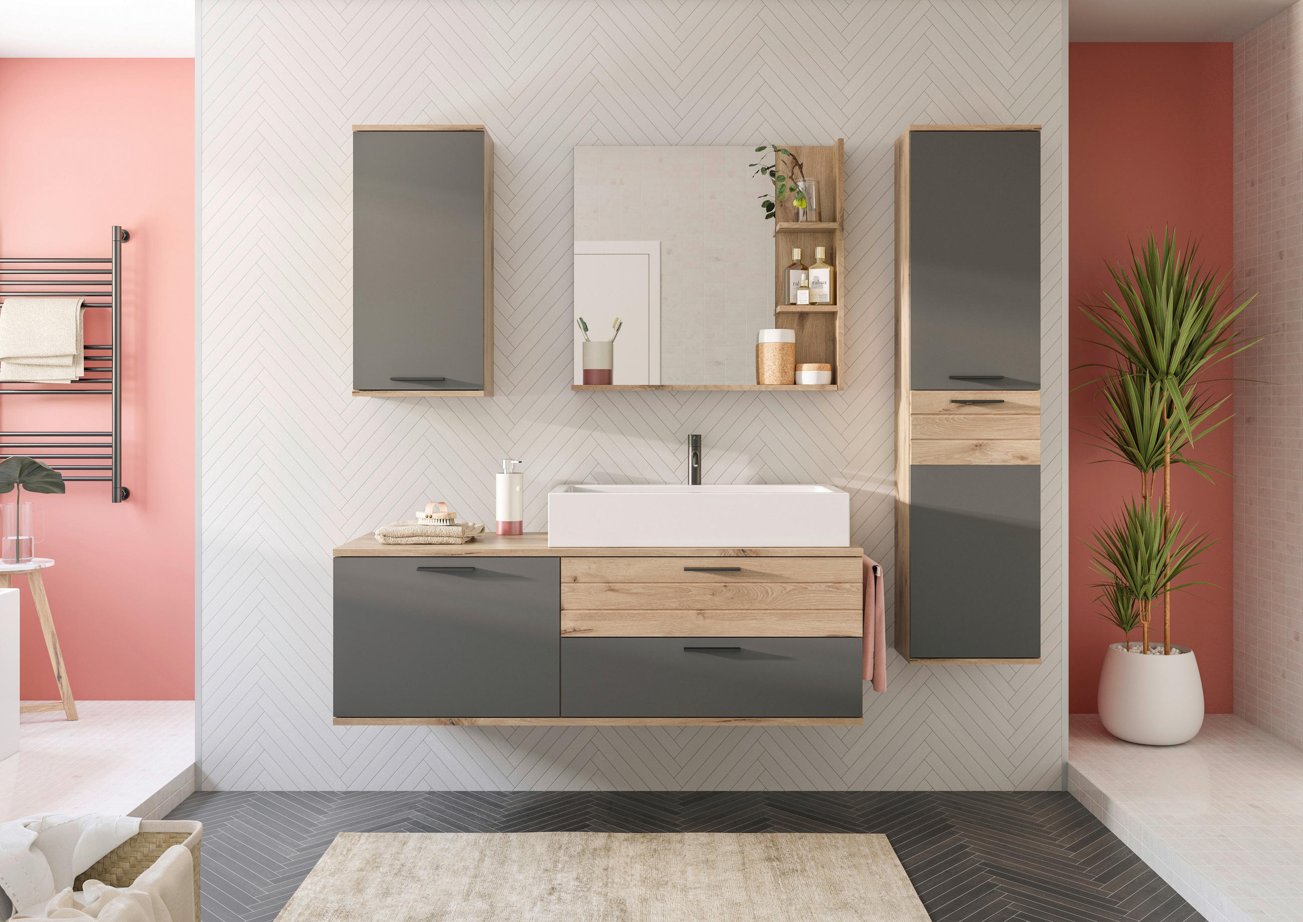 BADEZIMMER 4-teilig  in 177 cm  - Eichefarben/Weiß Hochglanz, MODERN, Glas/Keramik (177cm) - MID.YOU