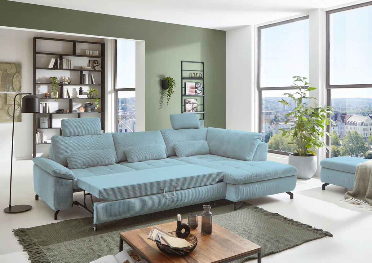 ECKSOFA in Cord, Velours Hellblau  - Schwarz/Hellblau, Design, Textil/Metall (291/197cm) - Beldomo Style