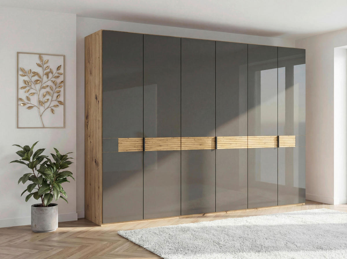DREHTÜRENSCHRANK 300/216/58 cm,  in Braun, Eiche Bianco, 6 Tür(en)  - Schieferfarben/Eiche Bianco, Design, Glas/Holz (300/216/58cm) - Musterring