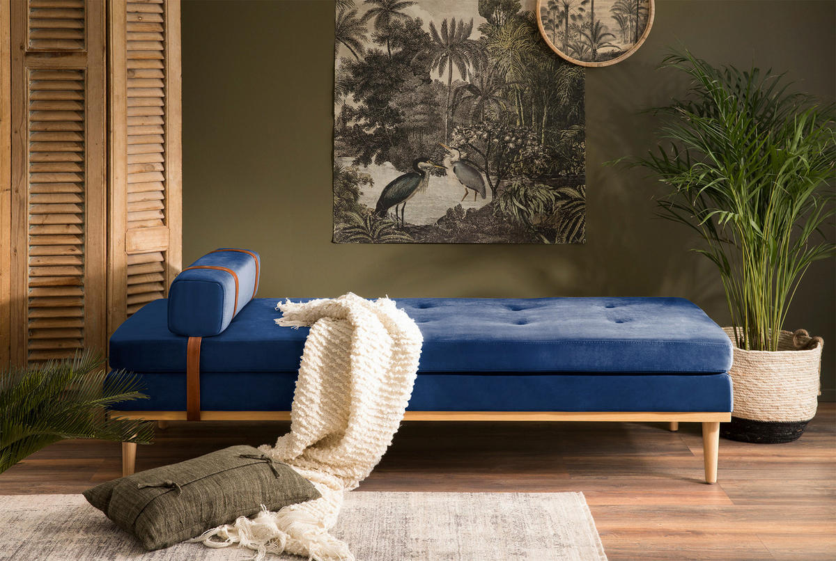 CHAISELONGUE Samt Blau  - Blau/Naturfarben, MODERN, Holz/Textil (180/42/75cm) - Livetastic