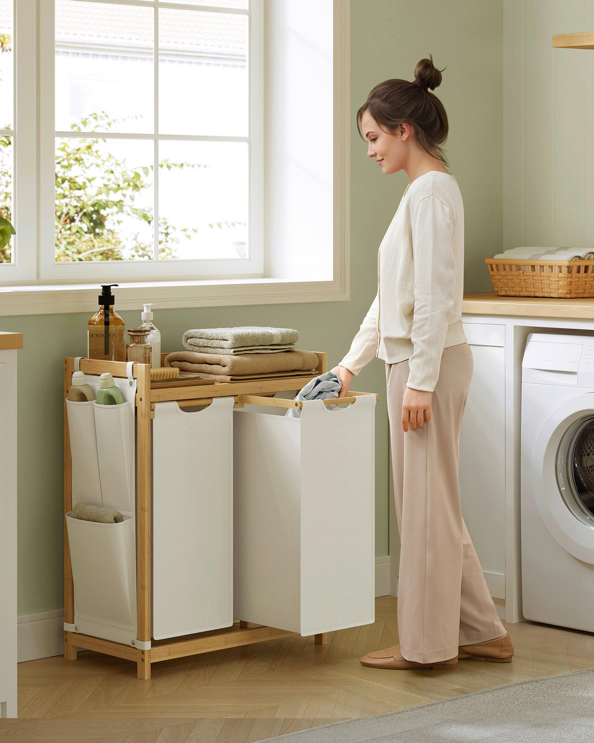 KÔŠ NA BIELIZEŇ, écru - écru, Basics, textil/prírodné materiály (63/78/33cm)