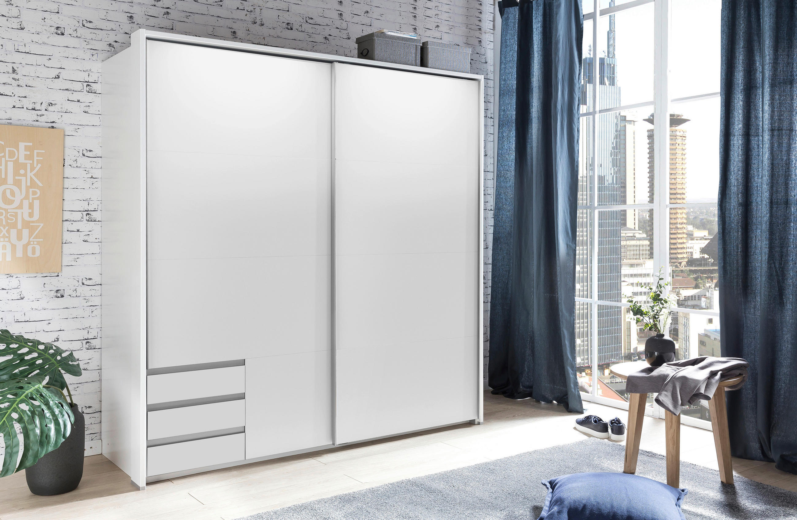 SCHWEBETÜRENSCHRANK 179/198/64 cm 2-türig Weiß - Alufarben/Weiß, Design, Holzwerkstoff/Metall (179/198/64cm) - Boxxx